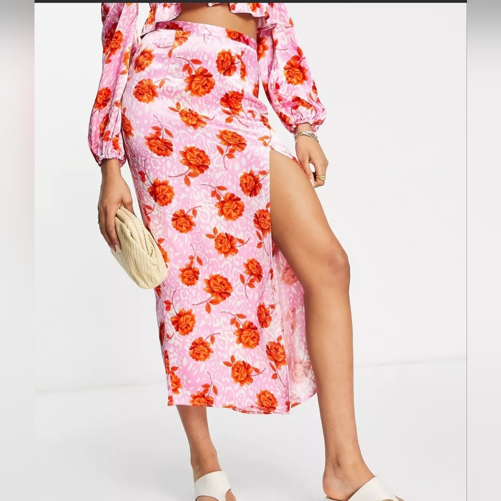 Topshop co-ord rose animal split midi skirt in Pink Size 6 - Picture 4 of 13